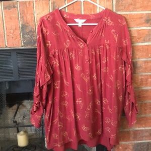 Deep, rusty orange tunic w/ruffle 3/4 sleeve